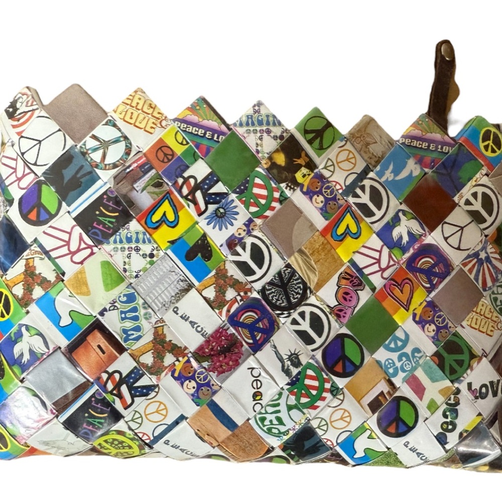 Nahui Ollin Zipper Pouch Clutch Peace & Love Motifs Handmade Recycled Materials